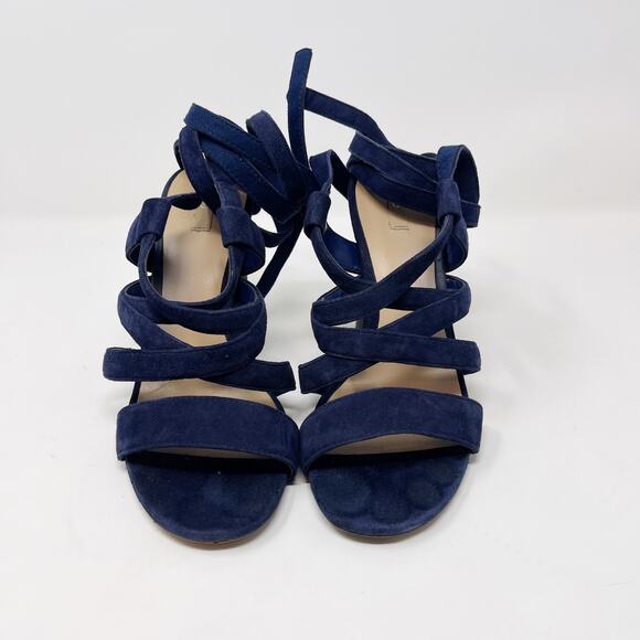 Aldo Womens 6.5 Navy Blue Lace Up Suede Heels 4" Round Wood Heels Open Toes - Picture 3 of 16